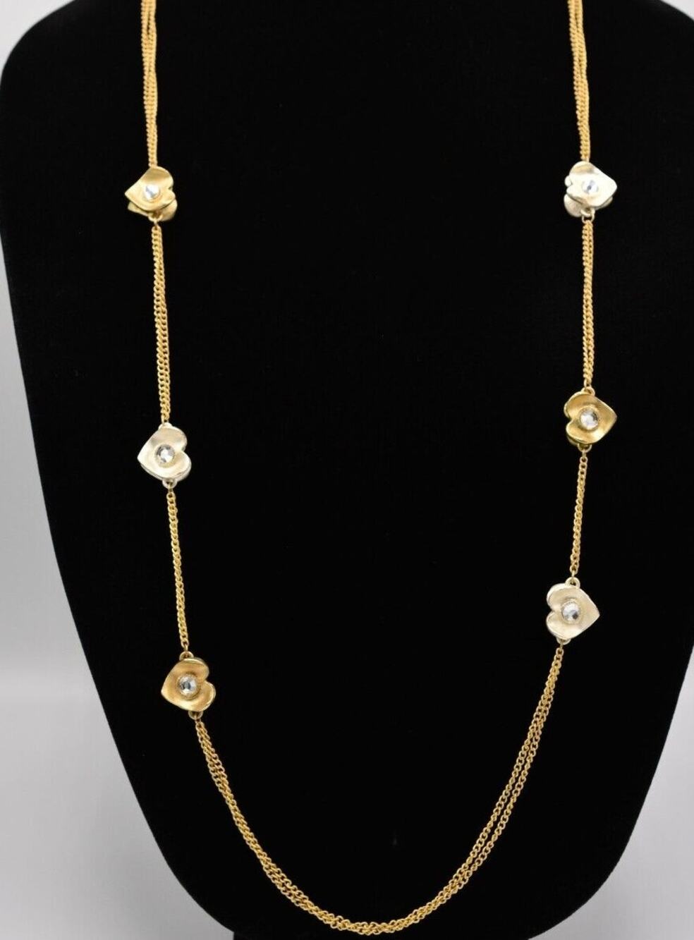 Vintage Heart Station Chain Necklace Crystal Brushed Gold Silver 80s 1980s BinI